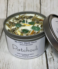 Load image into Gallery viewer, Organic Patchouli Soy Candle, Hand Poured Soy Candle, 8 oz Candle,apothecary candle, Relaxing Soy candle,herbs and crystal decorated candle