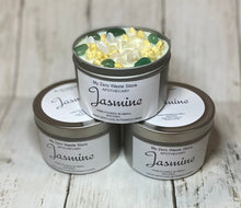 Load image into Gallery viewer, Jasmine Soy Candle, Handmade Poured Soy Candle, Natural crystals and assorted stones, dried flowers and herbs decorated candle