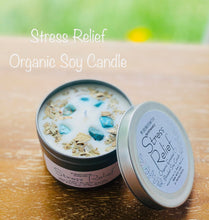 Load image into Gallery viewer, Stress Relief Organic Soy Candle, Hand poured candle, essential Oil blended candle, Natural Healing Stones and Dried Herbs Decorated