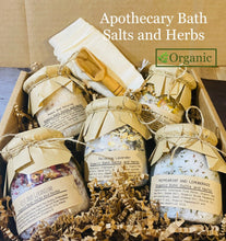 Load image into Gallery viewer, Organic Bath Salts and Herbs, Apothecary Spa Salts and Herbs, Detoxing, Relaxing, Refreshing Bath Salts, 7 oz, Set of 5 jars