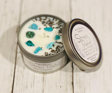 Load image into Gallery viewer, Stress Relief Organic Soy Candle, Hand poured candle, essential Oil blended candle, Natural Healing Stones and Dried Herbs Decorated