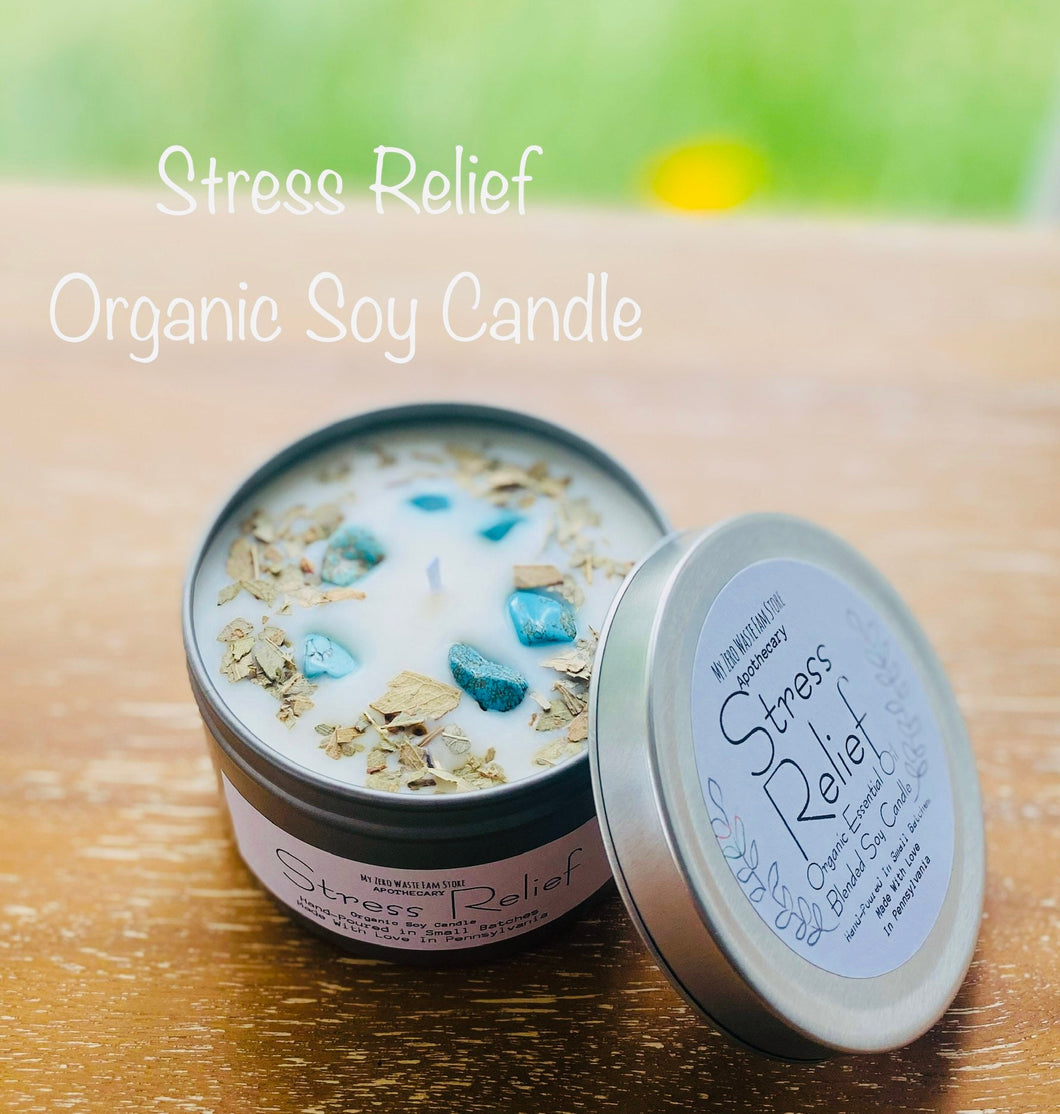 Stress Relief Organic Soy Candle, Hand poured candle, essential Oil blended candle, Natural Healing Stones and Dried Herbs Decorated